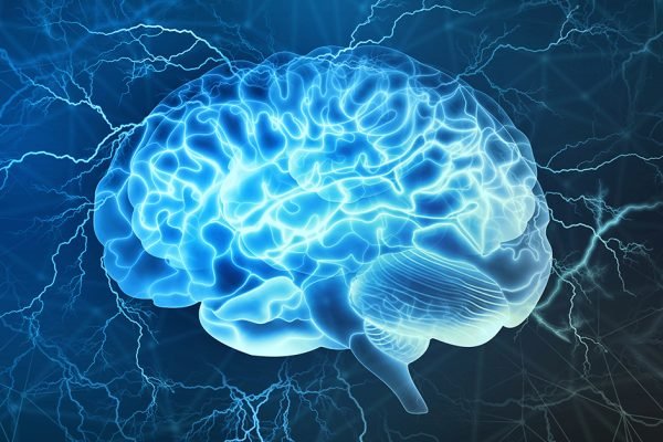 Human brain digital illustration. Electrical activity, flashes a Human brain digital illustration. Electrical activity, flashes and lightning on a blue background.